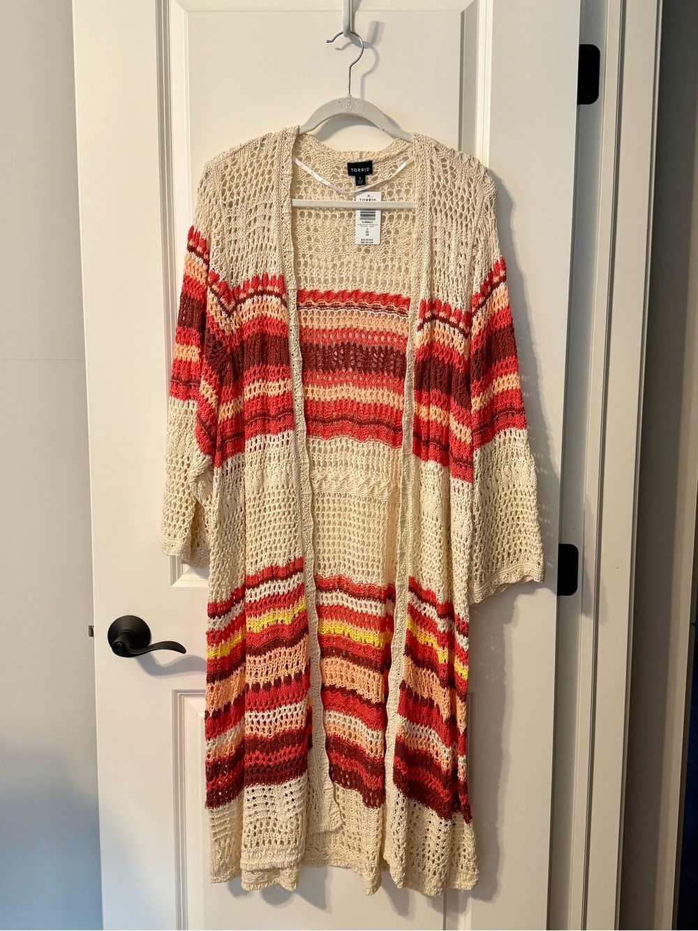 torrid Cream Open-Knit Stripe Duster Cardigan with Red & Yellow Stripes Sz 28